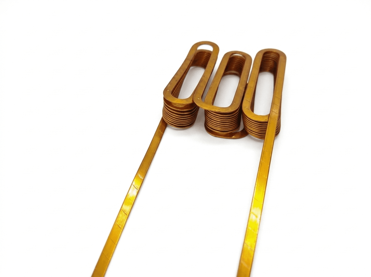 Three oblong copper winding sections with two long flat leads
